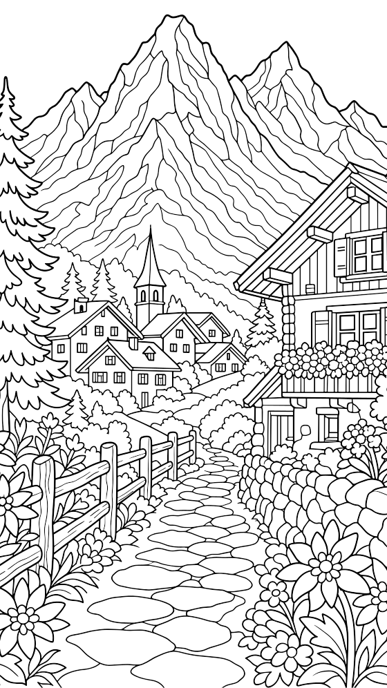 alpine village coloring page for adults — free printable PDF