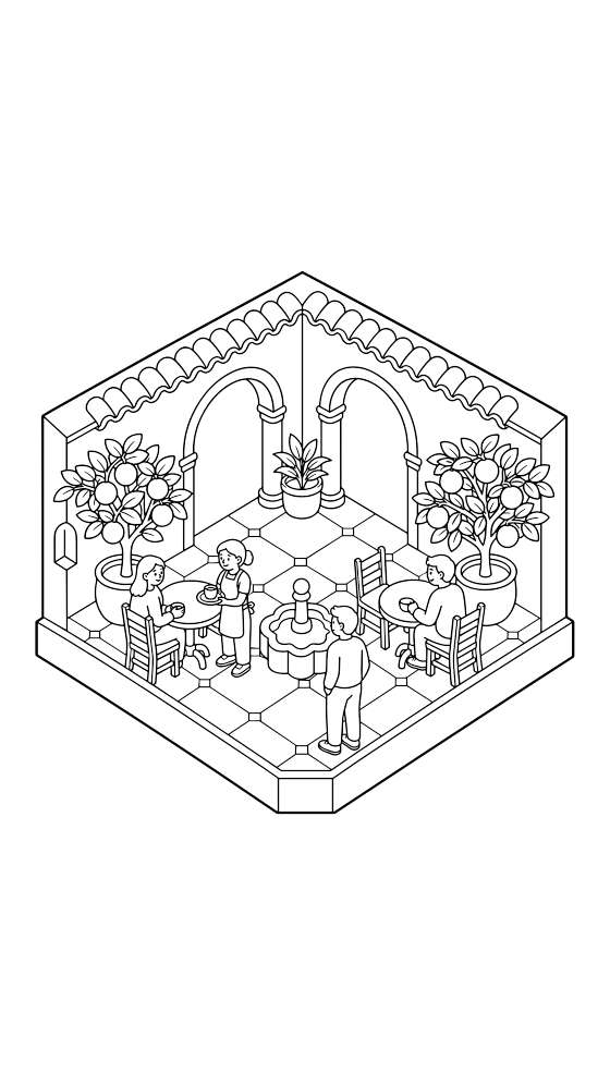 andalusian patio café coloring page for adults — free printable PDF