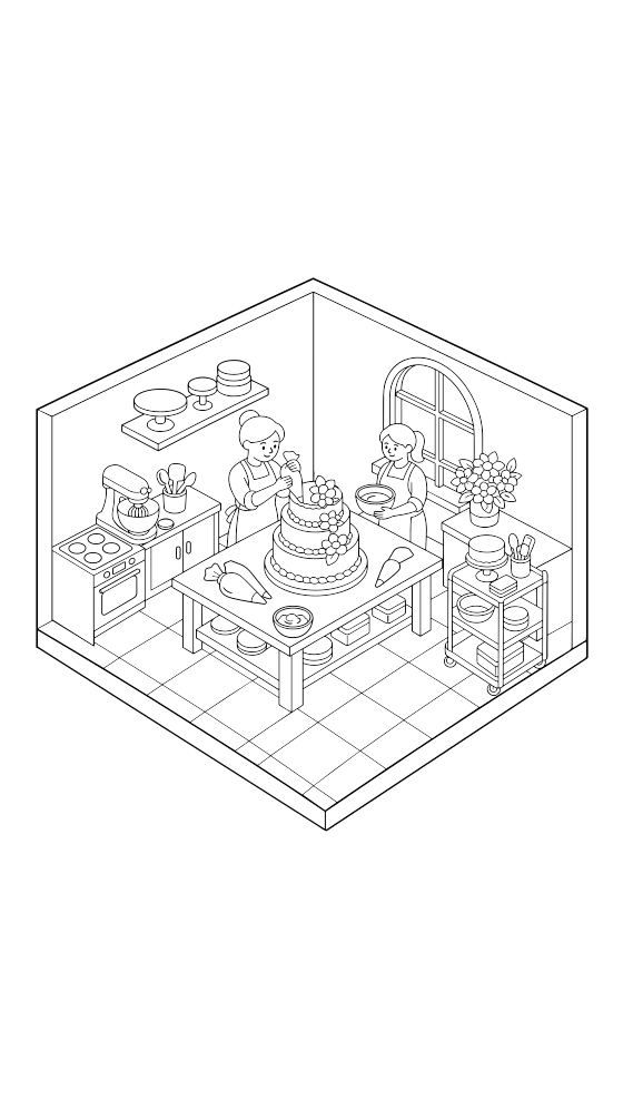 cake decorator's kitchen coloring page for adults — free printable PDF