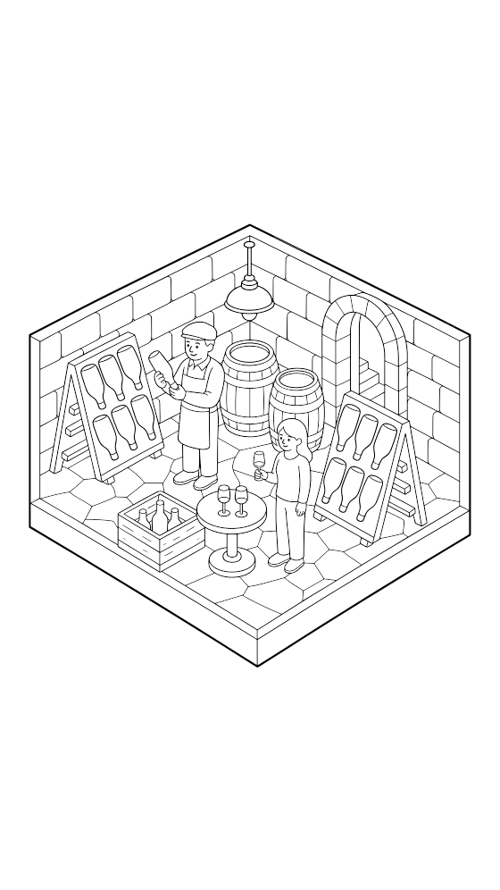 champagne cellar coloring page for adults — free printable PDF