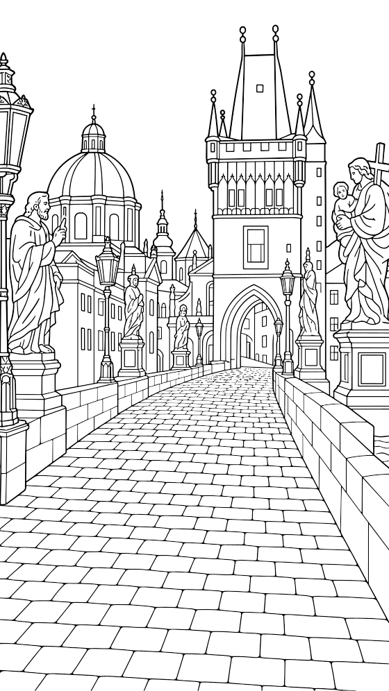 charles bridge coloring page for adults — free printable PDF