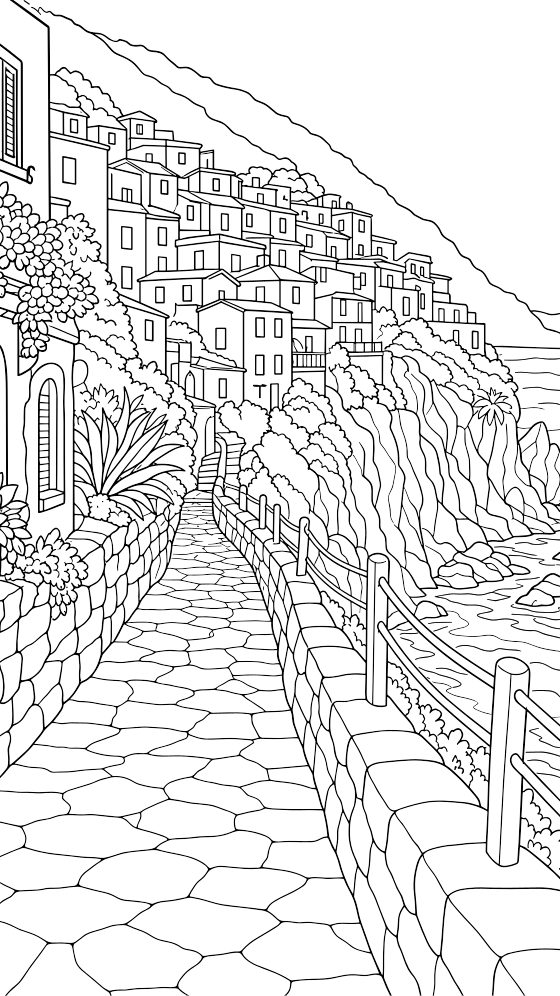 cinque terre coloring page for adults — free printable PDF