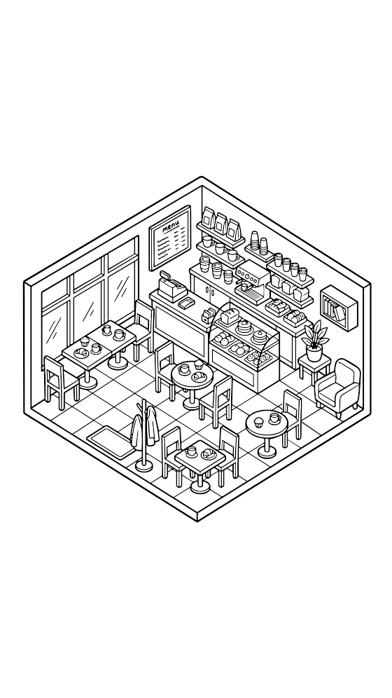 coffee bakery coloring page for adults — free printable PDF