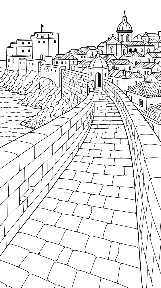 dubrovnik walls coloring page for adults — free printable PDF