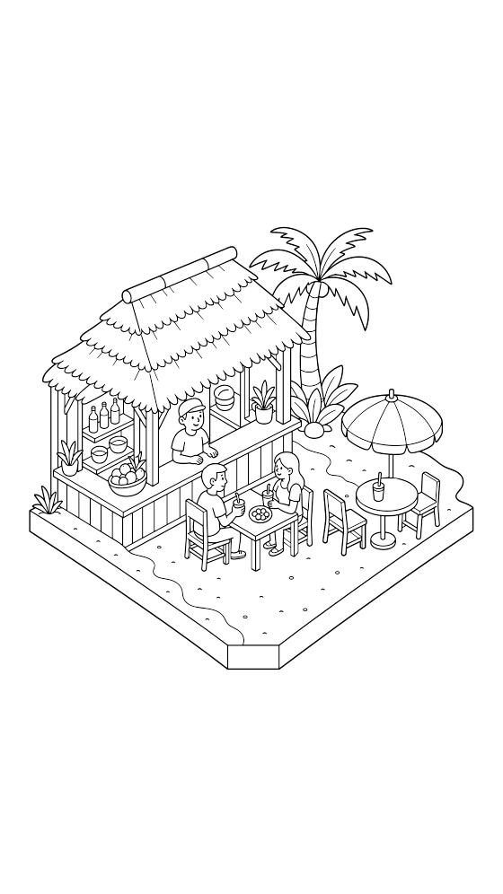 goan beach shack coloring page for adults — free printable PDF
