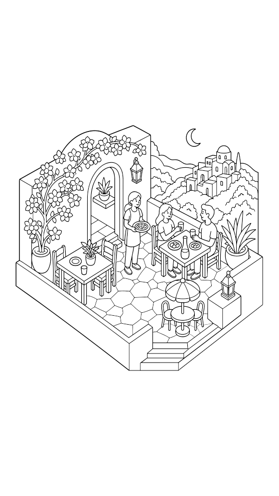 greek island taverna coloring page for adults — free printable PDF