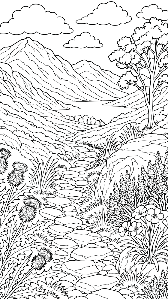 highland glen coloring page for adults — free printable PDF