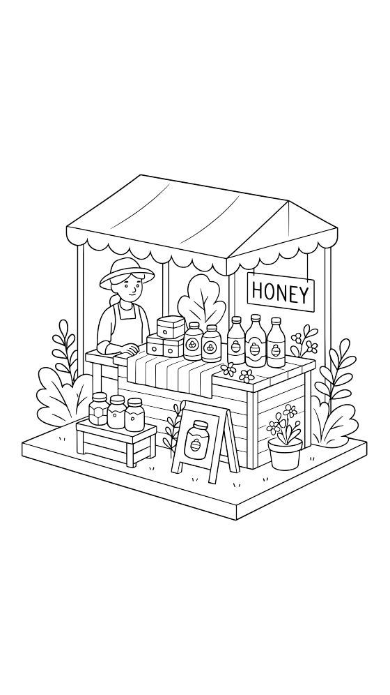 farmers market honey stand coloring page for adults — free printable PDF