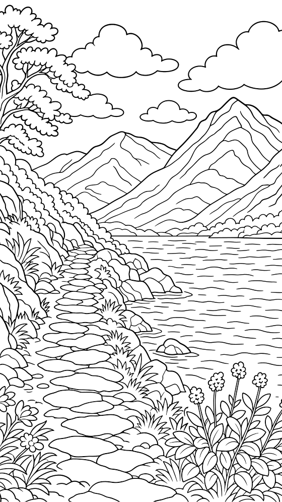 lake district coloring page for adults — free printable PDF