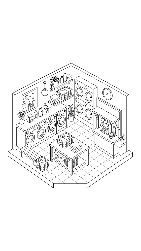 overnight laundromat coloring page for adults — free printable PDF