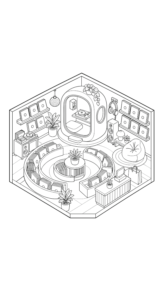 record store listening booth coloring page for adults — free printable PDF