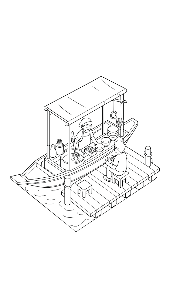bangkok noodle boat coloring page for adults — free printable PDF