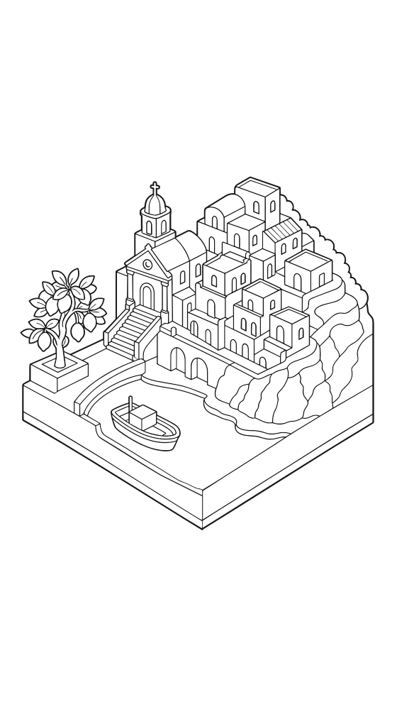 positano coloring page for adults — free printable PDF
