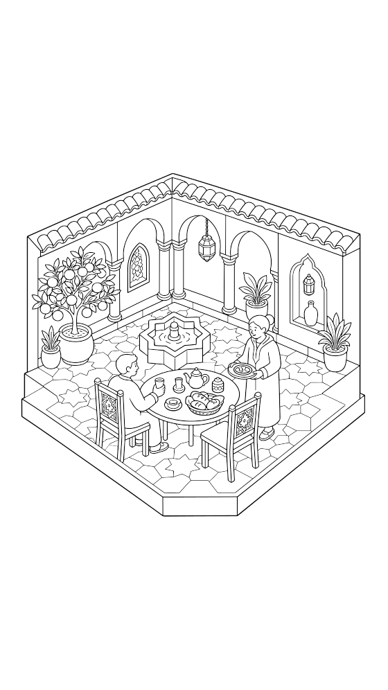 riad courtyard coloring page for adults — free printable PDF