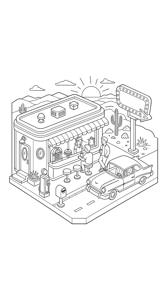 roadside diner coloring page for adults — free printable PDF