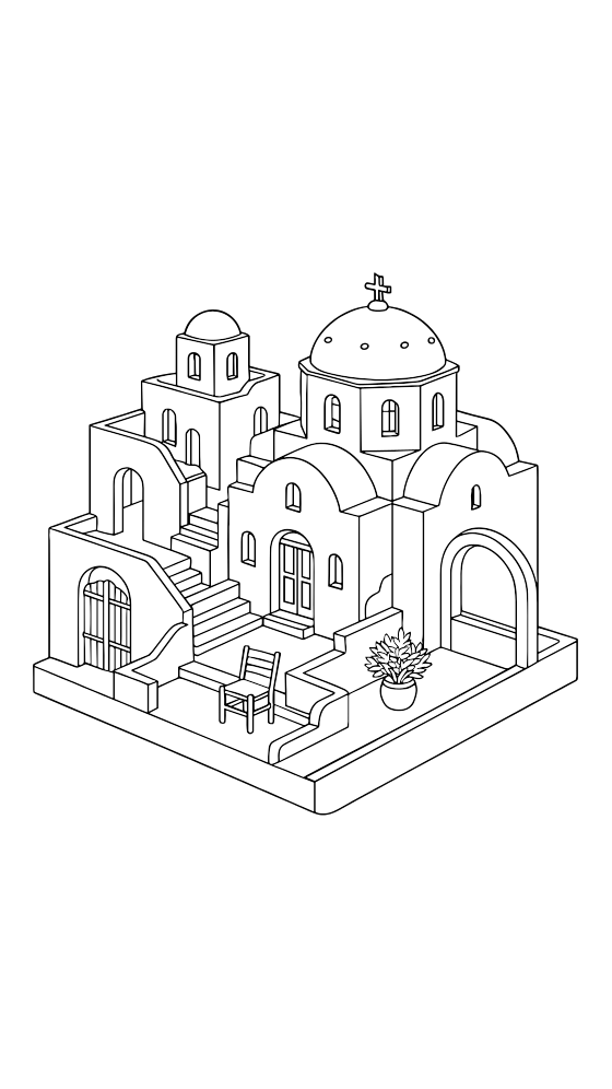 santorini coloring page for adults — free printable PDF