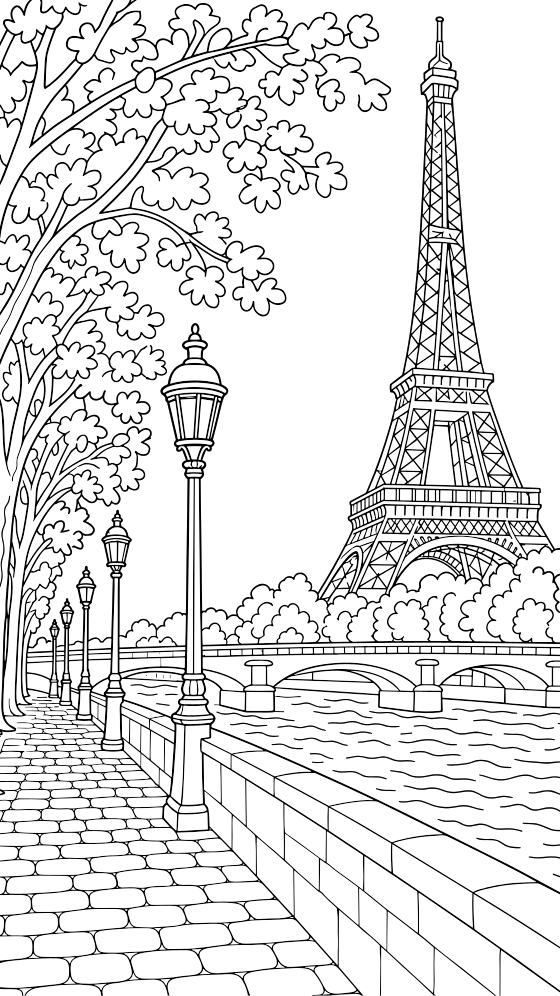 seine promenade coloring page for adults — free printable PDF
