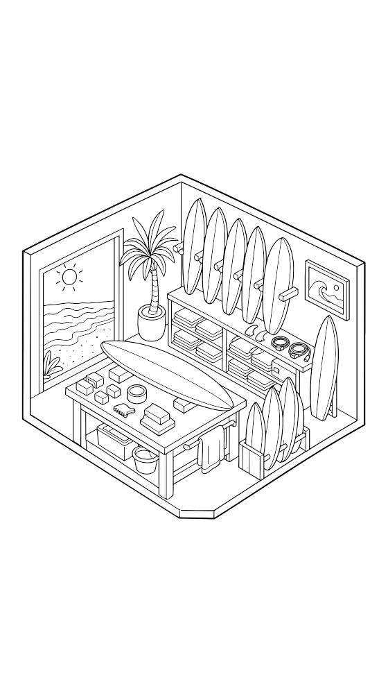 surf shop coloring page for adults — free printable PDF