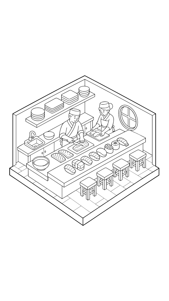 sushi counter coloring page for adults — free printable PDF
